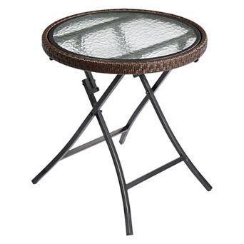 Round Outdoor Side Table with Glass Top and Foldable Metal Frame