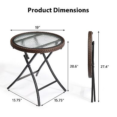 Round Outdoor Side Table with Glass Top and Foldable Metal Frame
