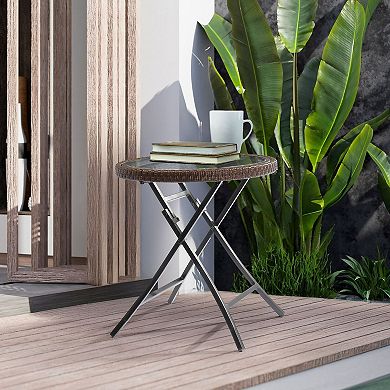 Round Outdoor Side Table with Glass Top and Foldable Metal Frame