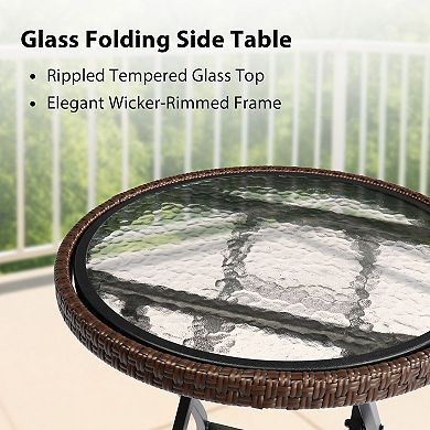 Round Outdoor Side Table with Glass Top and Foldable Metal Frame