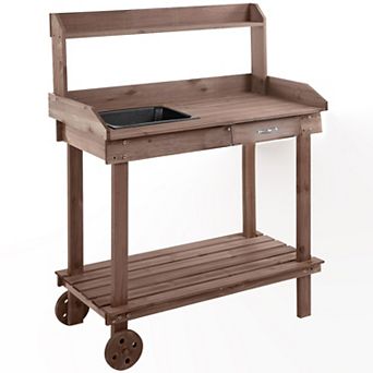 Rolling Potting Table with Removable Sink, Drawer and Shelves for Patio Garden