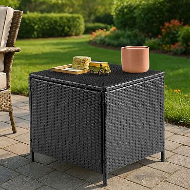 Outdoor Storage Table with Woven Rattan Surface for Deck or Balcony