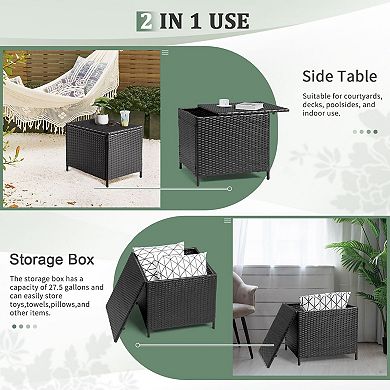 Outdoor Storage Table with Woven Rattan Surface for Deck or Balcony