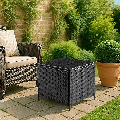 Outdoor Storage Table with Woven Rattan Surface for Deck or Balcony