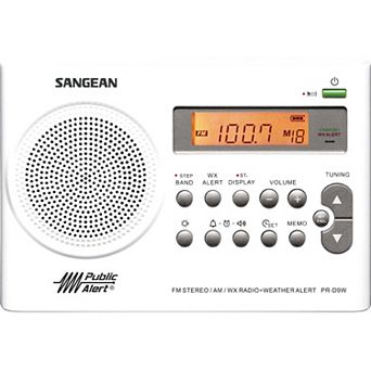 Sangean PR‑D9W Portable AM/FM/NOAA Alert Radio with Built‑In Battery Charger White