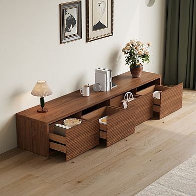 79" Mid Century Brown Wood TV Stands, Modern Media Console with 4 Drawers