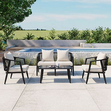 Whisen 4-Piece Outdoor Seating Set with Cushioned Single & Double Chairs for All-Weather Comfort