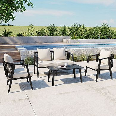 Whisen 4-Piece Outdoor Seating Set with Cushioned Single & Double Chairs for All-Weather Comfort