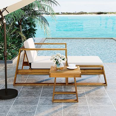 Whisen 3-Piece Acacia Wood Outdoor Dining Table Set with D18 Cloud-Comfort Cushions & Side Table