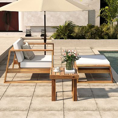 Whisen 3-Piece Acacia Wood Outdoor Dining Table Set with D18 Cloud-Comfort Cushions & Side Table