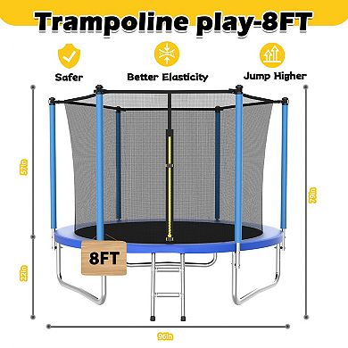 Whisen 8FT Outdoor Trampoline with Safety Enclosure Net, Heavy-Duty Steel Frame for Backyard