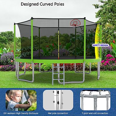 Whisen 14FT Kids Trampoline with Safety Enclosure, Basketball Set, 6 Poles