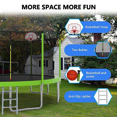 Whisen 14FT Kids Trampoline with Safety Enclosure, Basketball Set, 6 Poles