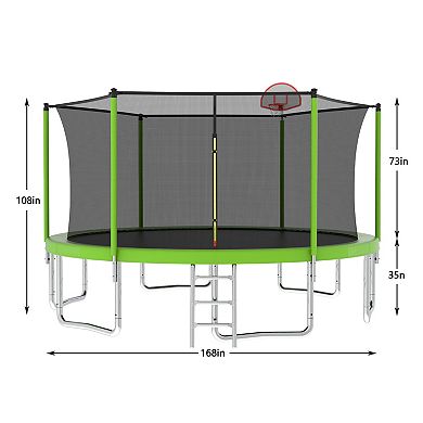 Whisen 14FT Kids Trampoline with Safety Enclosure, Basketball Set, 6 Poles