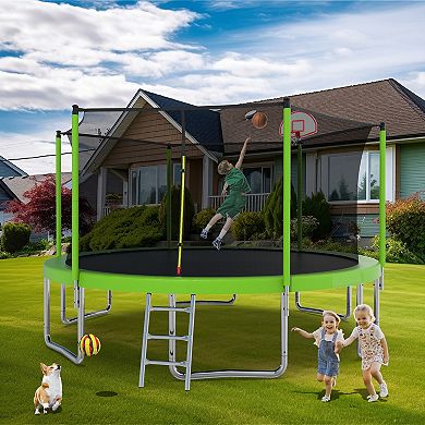 Whisen 14FT Kids Trampoline with Safety Enclosure, Basketball Set, 6 Poles