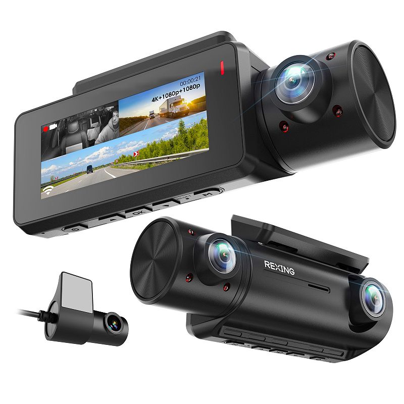 Rexing 3-Channel Dash Cam 4K Front & 1080p Cabin & Rear Wi-Fi Night Vision, Black
