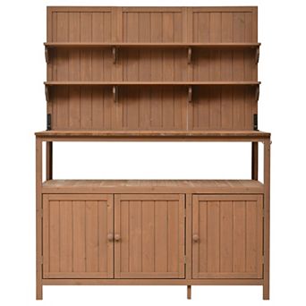 Whisen Potting Bench with Hutch, Garden Workstation with Shelves, Cabinets & Side Hooks