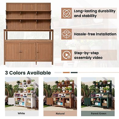 Whisen Potting Bench with Hutch, Garden Workstation with Shelves, Cabinets & Side Hooks