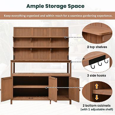 Whisen Potting Bench with Hutch, Garden Workstation with Shelves, Cabinets & Side Hooks