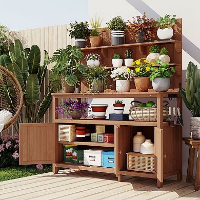 Whisen Potting Bench with Hutch, Garden Workstation with Shelves, Cabinets & Side Hooks