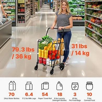 VIYET Folding Shopping Cart - 110 LBS Capacity Heavy Duty Grocery Cart with Double Baskets