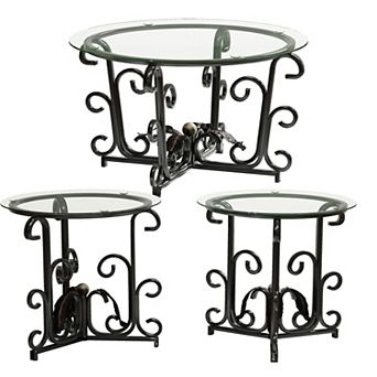 VIYET 3 pc Glass Coffee Table Set - Modern Round Table & 2 End Tables with Sturdy Metal Frame