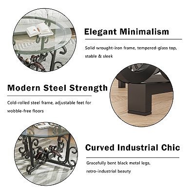 VIYET 3-Piece Glass Coffee Table Set - Modern Round Table & 2 End Tables with Sturdy Metal Frame
