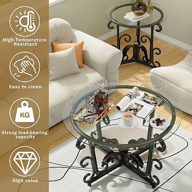 VIYET 3-Piece Glass Coffee Table Set - Modern Round Table & 2 End Tables with Sturdy Metal Frame