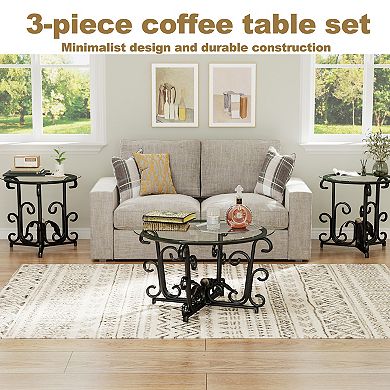 VIYET 3-Piece Glass Coffee Table Set - Modern Round Table & 2 End Tables with Sturdy Metal Frame