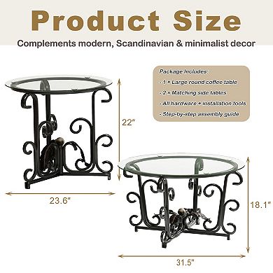 VIYET 3-Piece Glass Coffee Table Set - Modern Round Table & 2 End Tables with Sturdy Metal Frame