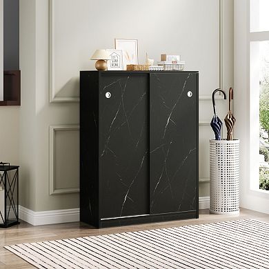 Marble Pattern Sliding Door Shoe Cabinet with 6-Tier Storage,Ideal for Entryway & Hallway