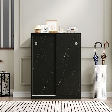 Marble Pattern Sliding Door Shoe Cabinet with 6-Tier Storage,Ideal for Entryway & Hallway
