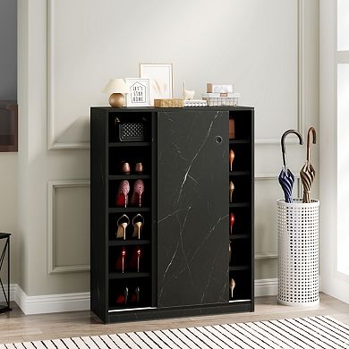 Marble Pattern Sliding Door Shoe Cabinet with 6-Tier Storage,Ideal for Entryway & Hallway