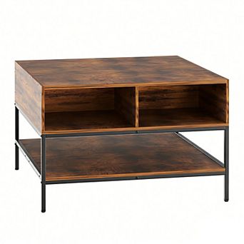 VIYET 31.5" Farmhouse Flip Top Coffee Table - Rustic Wood Table with Hidden Compartment & Shelves