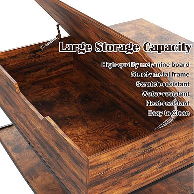VIYET 31.5" Farmhouse Flip Top Coffee Table - Rustic Wood Table with Hidden Compartment & Shelves