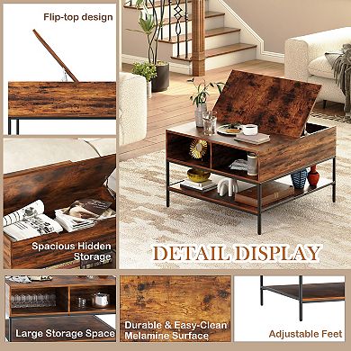 VIYET 31.5" Farmhouse Flip Top Coffee Table - Rustic Wood Table with Hidden Compartment & Shelves