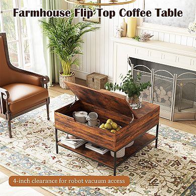 VIYET 31.5" Farmhouse Flip Top Coffee Table - Rustic Wood Table with Hidden Compartment & Shelves