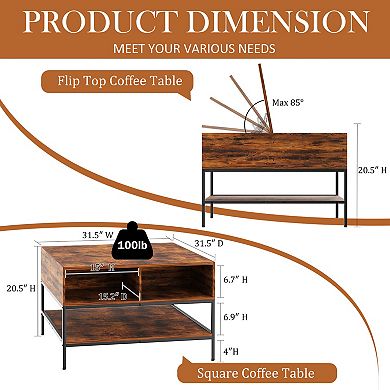 VIYET 31.5" Farmhouse Flip Top Coffee Table - Rustic Wood Table with Hidden Compartment & Shelves