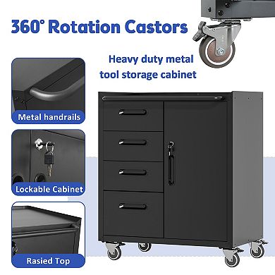 VIYET Mobile Metal Tool Cabinet - Heavy-Duty Storage with 4 Drawers & Lockable Cabinet on Wheels