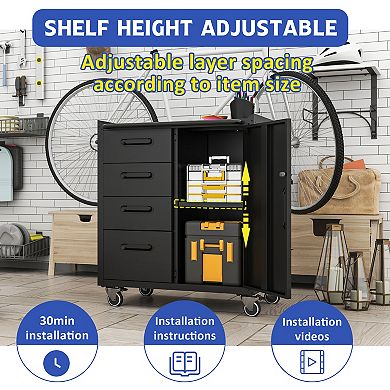 VIYET Mobile Metal Tool Cabinet - Heavy-Duty Storage with 4 Drawers & Lockable Cabinet on Wheels