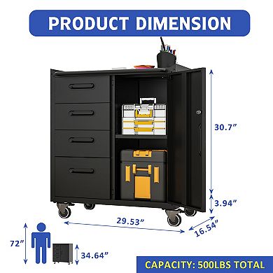 VIYET Mobile Metal Tool Cabinet - Heavy-Duty Storage with 4 Drawers & Lockable Cabinet on Wheels