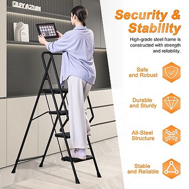 VIYET 4-Step Folding Steel Step Stool - Lightweight Portable Ladder with Non-Slip Wide Pedals