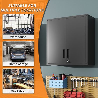 VIYET Wall Mounted Tool Cabinet - Locking Metal Storage with Adjustable Shelf & Open Drawer