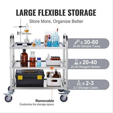 VIYET 3-Tier Stainless Steel Utility Cart - 400lb Capacity Rolling Medical & Kitchen Trolley