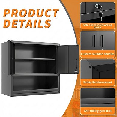 VIYET Wall Mounted Tool Cabinet - Locking Metal Storage with Adjustable Shelf & Open Drawer