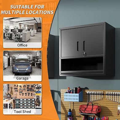 VIYET Wall Mounted Tool Cabinet - Locking Metal Storage with Adjustable Shelf & Open Drawer