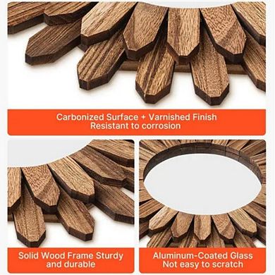 VIYET 12" Sunburst Boho Wall Mirror - Carbonized Rustic Wood Decorative Accent