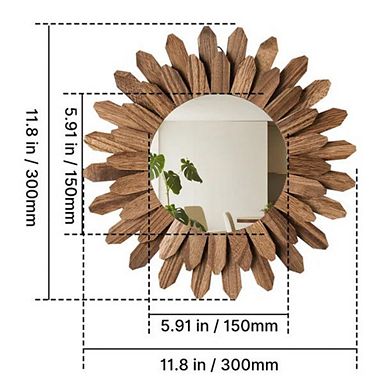 VIYET 12" Sunburst Boho Wall Mirror - Carbonized Rustic Wood Decorative Accent