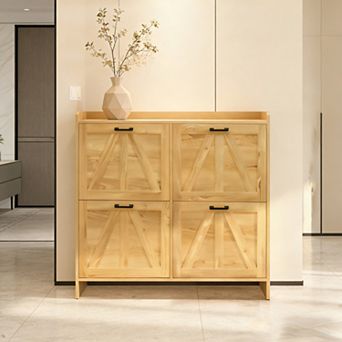 Farmhouse Barn Door Shoe Cabinet with 4 Flip Drawers, Space-Saving Shoe Rack,for Entryway Hallway