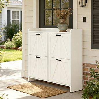 Farmhouse Barn Door Shoe Cabinet with 4 Flip Drawers, Space-Saving Shoe Rack,for Entryway Hallway